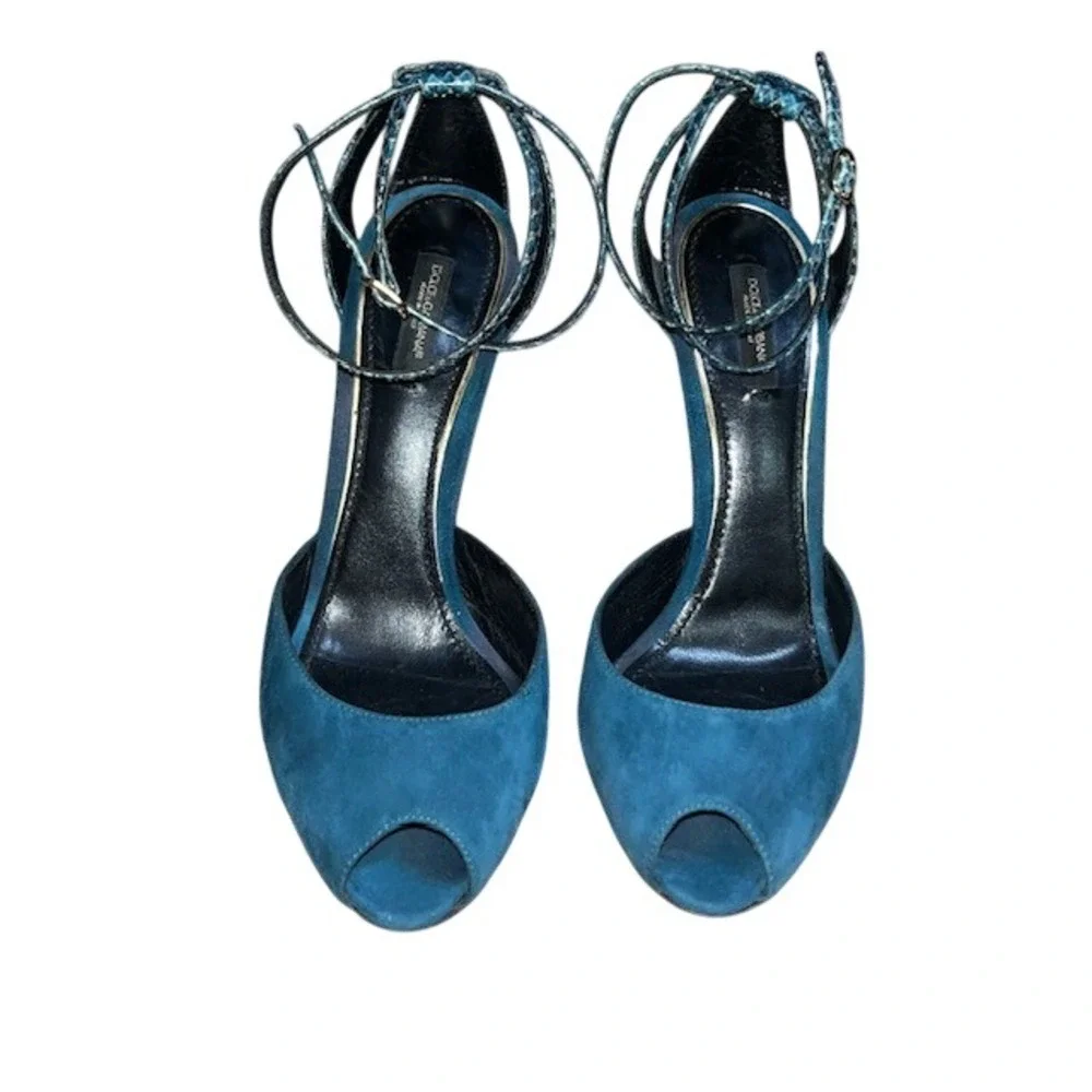 Dolce & Gabbana‎ Snakeskin Ankle Strap Peep Toe Stiletto High Heel Pump Teal 40